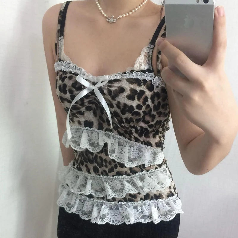 Voguable  Y2K Leopard Print Lace Ruffle Patchwork Camis Brown Coquette Aesthetic Slim-fit Bow Tank Tops Cute Fairycore Vest Cute voguable