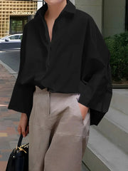 Stylish Selection Solid Color Lapel Collar Black White Blouse Spring Autumn Loose Causal Shirts Tops For Office Lady voguable