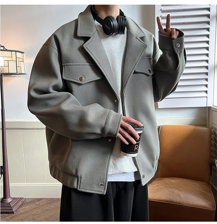 Winter Short Woolen Coat Men Warm Fashion Casual Thick Woolen Jacket Men Korean Loose Thicken Woolen Coat Mens Black Overcoat voguable
