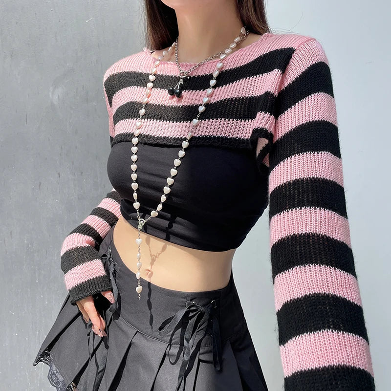 Voguable y2k Pink And Black Contrast Color Super-short Sweater Pullovers Dark Academia Cute Knitted Smock Tops Kawaii Jumper New voguable