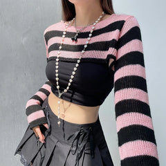Voguable y2k Pink And Black Contrast Color Super-short Sweater Pullovers Dark Academia Cute Knitted Smock Tops Kawaii Jumper New voguable