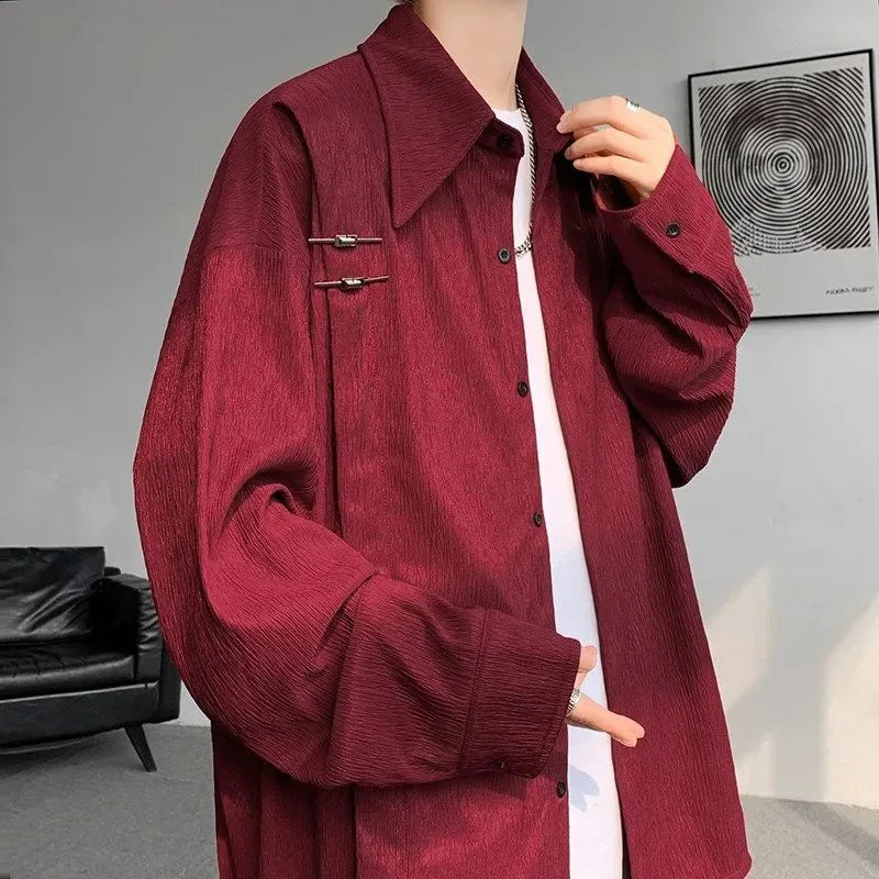 Voguable  Autumn Men's Burgundy Textured Long Sleeve Shirt Loose Fit Metal Detail Casual Blouse voguable