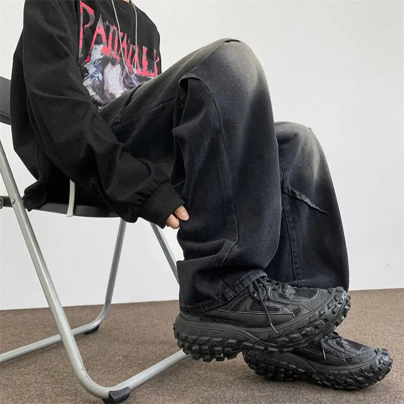 Mens Straight Leg Jeans Elastic Waistband Drawstring Comfort Fit Denim Casual Trousers Adjustable Waist Relaxed Fit voguable