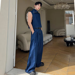 Voguable 2024 Spring Trendy High Street Stand Neck Sleeveless Vest Korean Loose Straight Jeans Men's Two-piece Sets Denim voguable