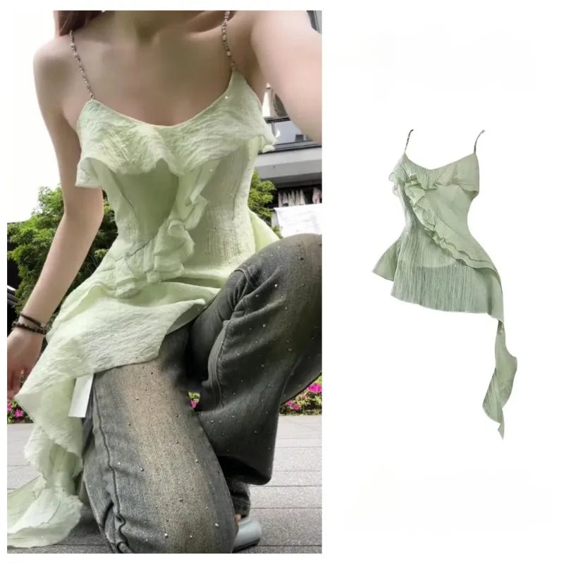 Spicy Girl Fashion Irregular Suspended Tank Top Women Sleeveless Collarbone Ruffle Edge Splice Solid Slim Summer Ribbons Wear voguable