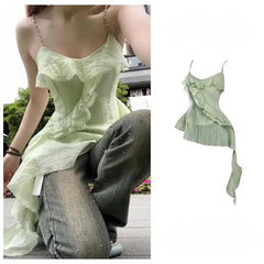 Spicy Girl Fashion Irregular Suspended Tank Top Women Sleeveless Collarbone Ruffle Edge Splice Solid Slim Summer Ribbons Wear voguable