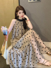 Woman Dress Sleeveless Polka Dot Bandage Halter Ruffles Stand Collar Loose Sweet Elegant Dresses Female Casual voguable
