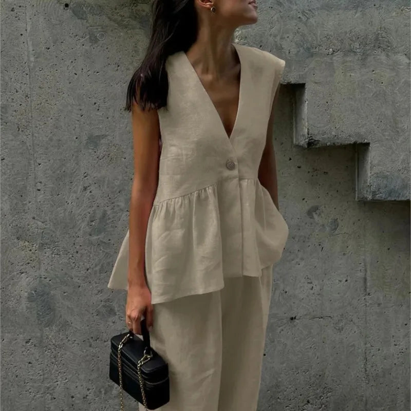 Fashion Women's Trouser Suits Sleeveless V-Neck Top Women Casual Straight Pants Sets Summer Women's Suit Commuter 2 Piece Set voguable