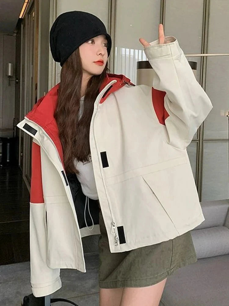 Vintage Patchwork Cargo Jacket Women Loose Preppy Style Long Sleeve Sweet Coat Casual Fall Female Retro All Match New Tops voguable