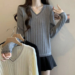 Autumn Winter New Women Sweater Korean Fashion V-Neck Striped Patchwork Loose Long Sleeve Pullovers Bottoming Shirt Knitted Tops voguable
