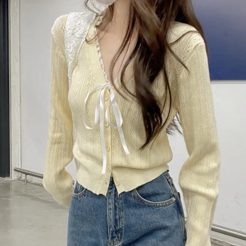 Women's Pointelle Knit Cardigan with Bow Long Sleeve Button Front Sweater Openwork Cardi Teen-girl Fairycore Balletcore Outfit voguable