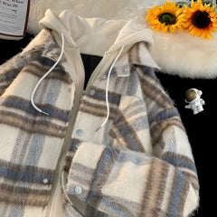  Two-piece Hooded Plaid Jackets for Men and Women Winter Jacket Men 2024 New Loose Casual Zipper American Couple Coats voguable