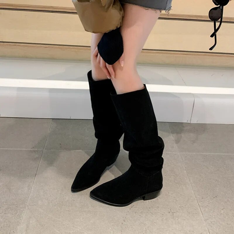 New Western Women Knee-High Boots Autumn Winter Cow Suede Leather Quality Office Lady Casual Shoes Retro Black Woman Boots voguable