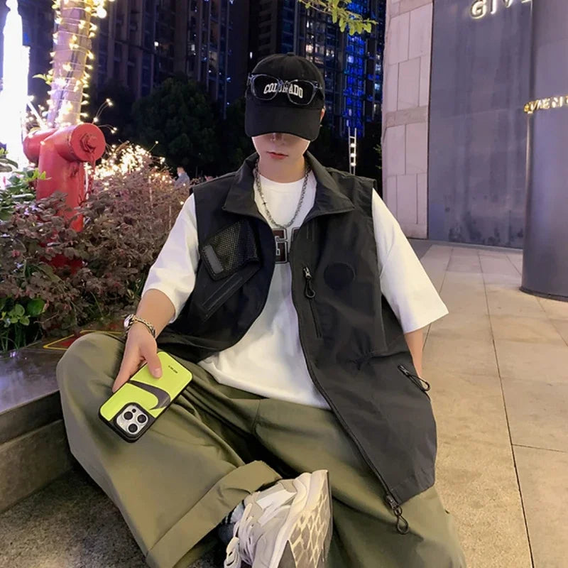 Vest Men Fashion Solid Simple Baggy Spring Autumn Sleeveless Stand Collar Asymmetrical Japanese Style Male High Street Handsome voguable