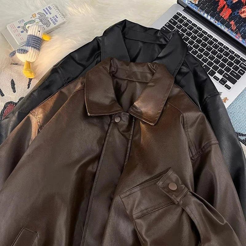 American Pu Leather Jackets Women Y2K Fashion Streetwear Zipper Moto Coats Bf Loose Lapel All-Match Punk Bomber Outerwear New voguable