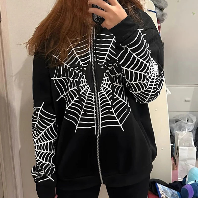 Y2k Rhinestone Skeleton Hoodies Women Gothic Black Zip Up Oversized Sweatshirts Female Retro Harajuku Hooded Jackets Streetwear voguable