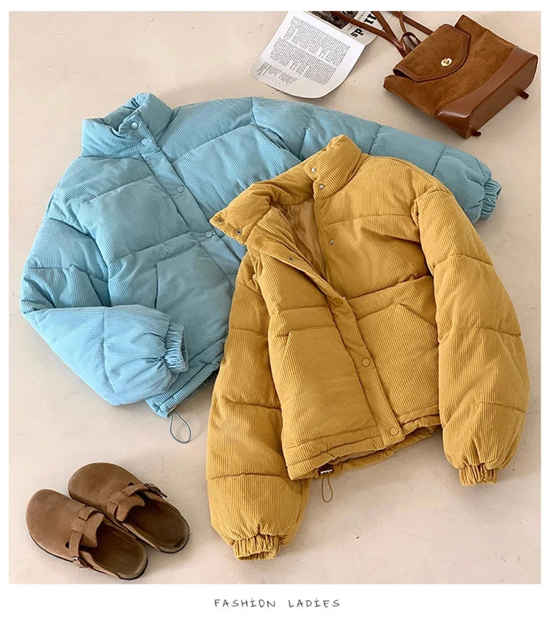 Women Sweet Corduroy Parkas Warm Long Sleeve Retro Stand Collar Cotton Coat Winter Thick Casual Preppy Style Korean Jacket voguable