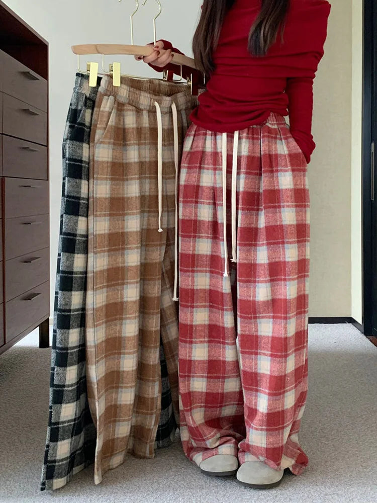 Vintage Faux Woolen Plaid Pant Women High Waist Soft Loose Wide Leg Trousers Casual Female Fall Winter Pockets Retro Y2K Pants voguable