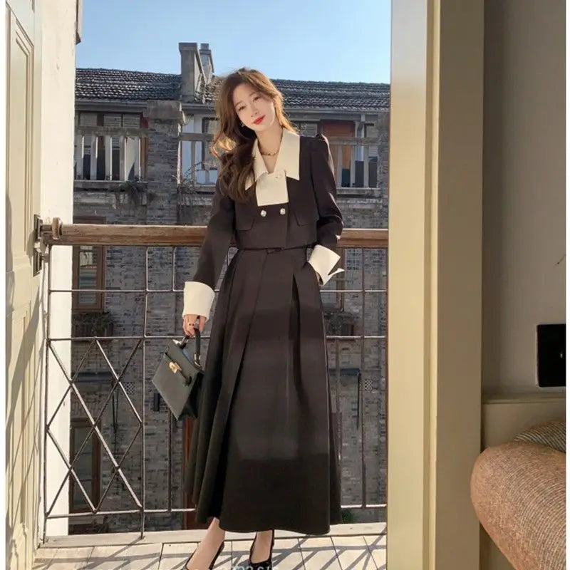 Voguable  Autumn Elegant 2 Piece Dress Set Women Slim Vintage Party Office Lady Korean Suit Long Sleeve Crop Tops + Casual Midi Skirt voguable