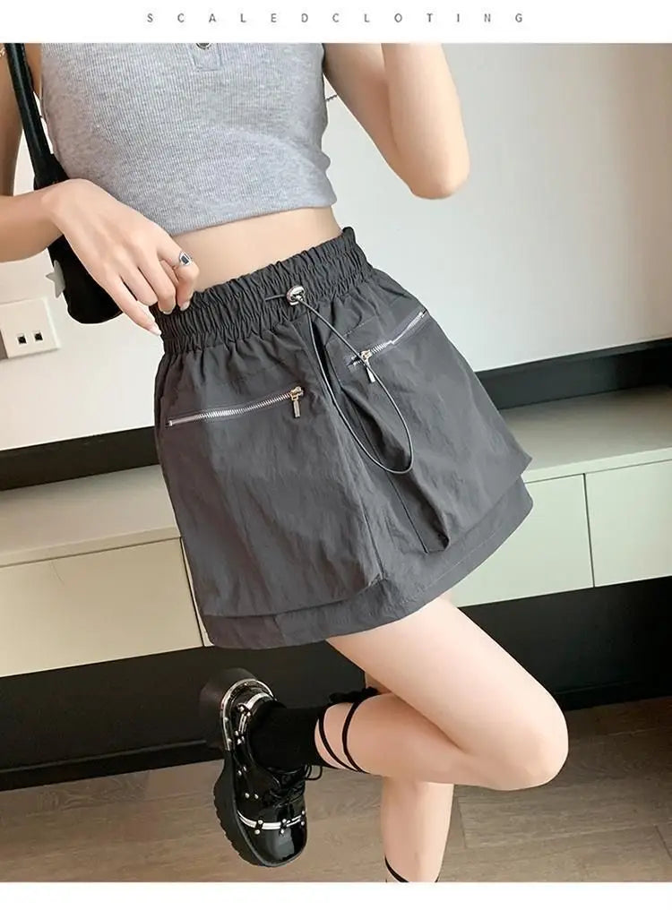High Waist Drawstring Summer Women Short A Line Skirt Vintage Casual Cargo Big Zipper Pocket Skirt with Safety Shorts Hip Skirts voguable