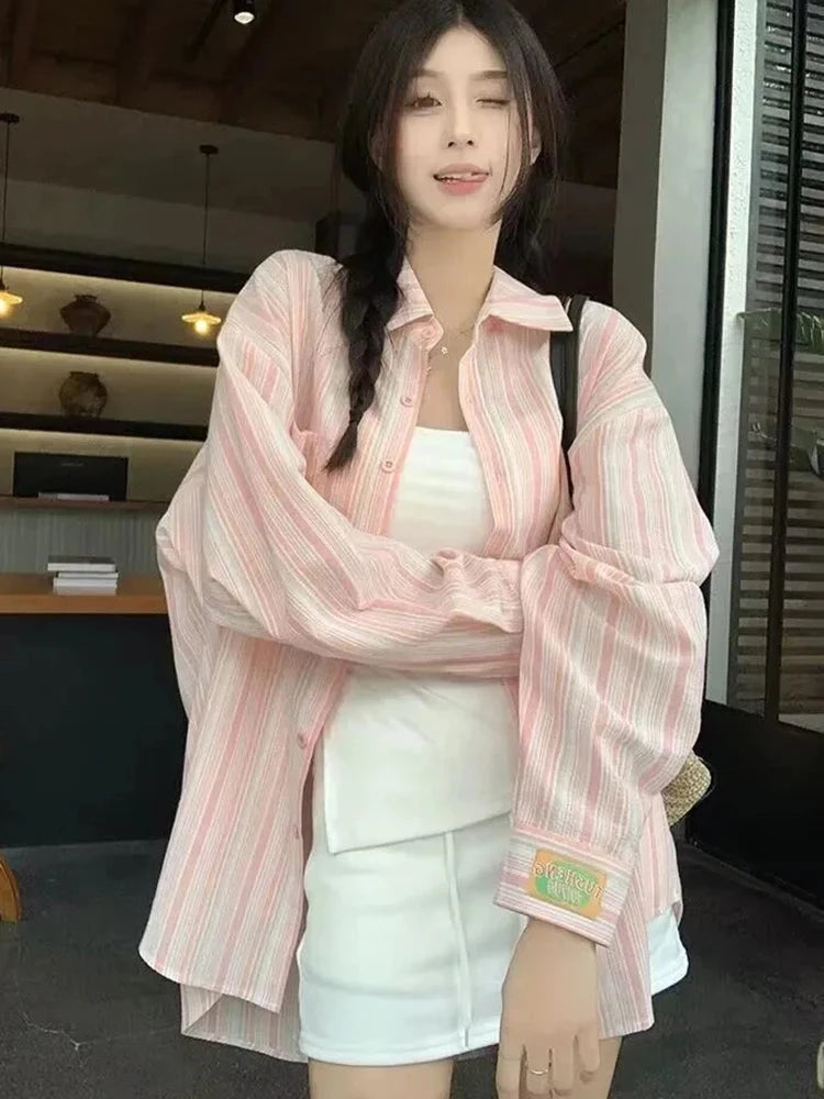 Sweet Casual Women Striped Shirts Loose Long Sleeve Vintage Cotton Linen Sun Proof Blouse Korean Preppy Style Letter Retro Tops voguable