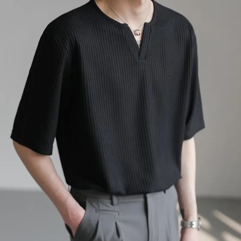 New Men Waffle Short Sleeve Fashion V-neck Loose Solid color T-shirt Cool Lightweight Casual Fitness Trends T Shirts 3 Colors voguable