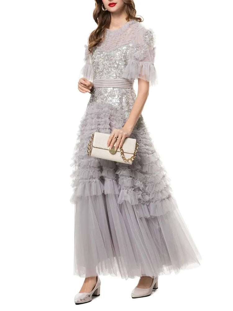 Fashion Women Dress Short Sleeve Round Neck Lotus Leaf Edge Lace Splicing Sequins Female Party Dress New Tide voguable