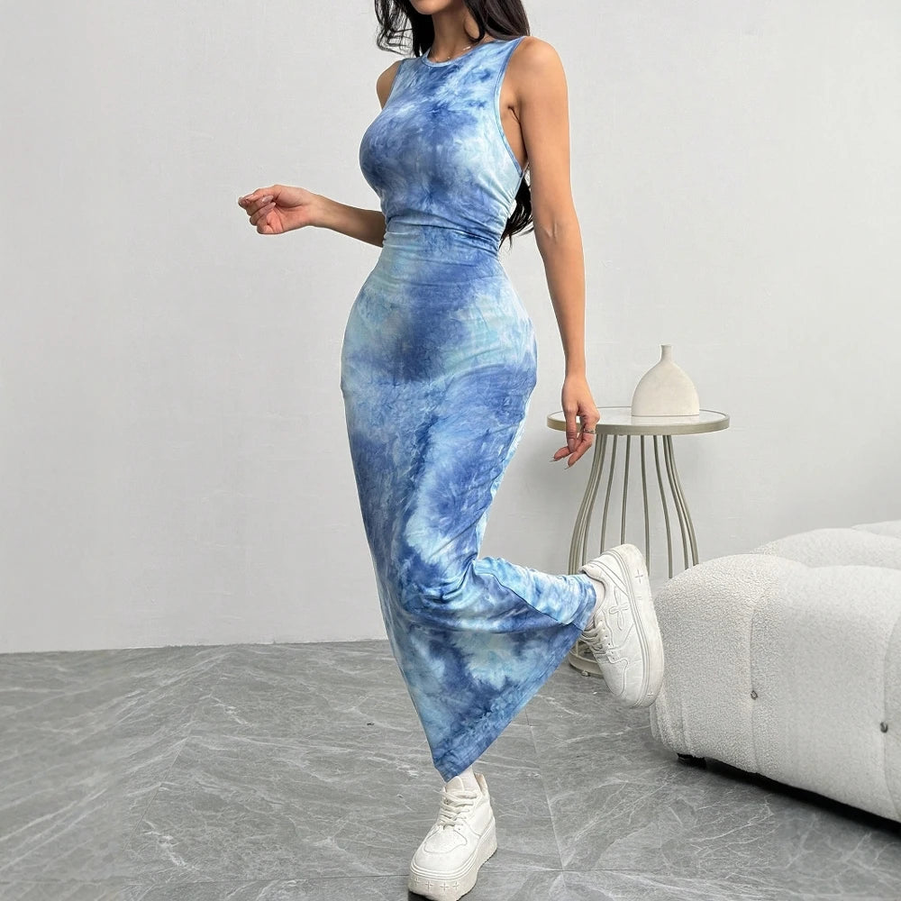 Women's Dresses Summer Elegant Decent 2025 Tie Dye Skinny Fit Sleeveless Round-Neck Wrap Maxi Wrap Party Dresses voguable