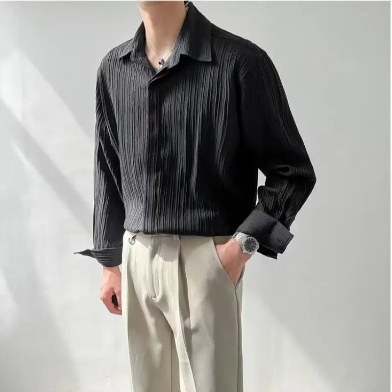 Voguable Black Apricot White Long-sleeved Shirt Men Fashion Social Men Dress Shirt Korean Loose Casual Pleated Shirts Men Formal Shirt voguable
