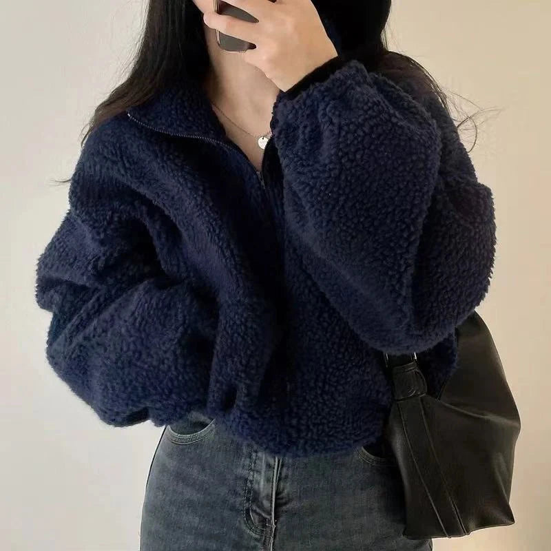 Artificial Lamb Wool Crop Jacket Women Autumn Winter Thick Warm Plush Coat Female Fashion Zipper Stand Collar Casual Outerwear voguable