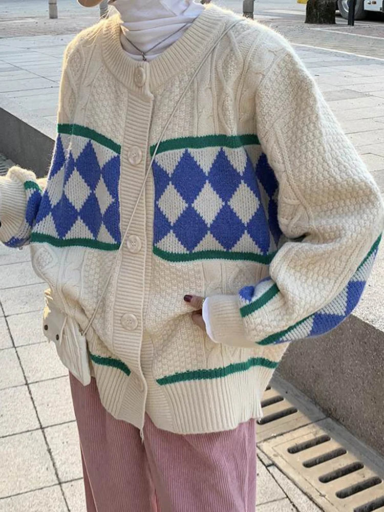 Voguable  Christmas Red Women Argyle Cardigan Vintage Oversize Knitted Tops Korean Lazy Wind Loose Female Preppy Style Sweater New voguable