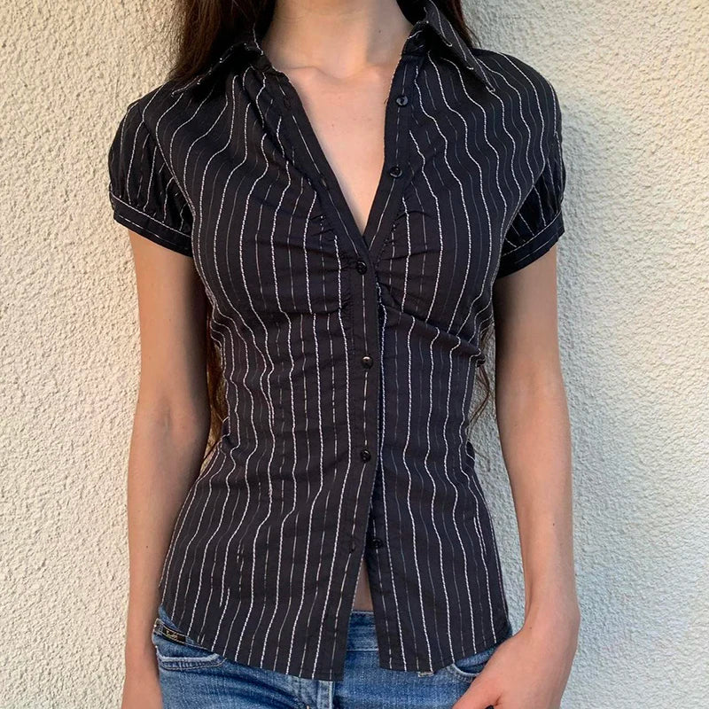 Voguable  Chic Elegant Striped Blouse Women's Summer French Style Button-up Turn-down Collar Shirt Vintage Streetwear Y2K Tops voguable