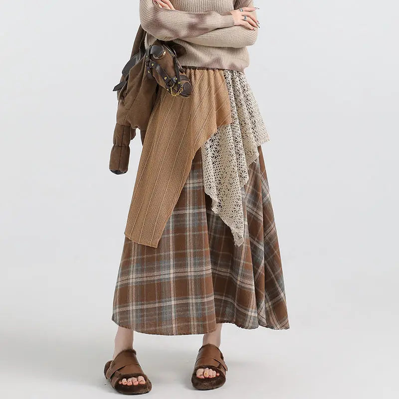 Asymmetrical Prairie Chic Bohemia Sweet Patchwork Panelled Plaid Women Autumn Winter New High Waist Casual Lace Aesthetic Skirts voguable