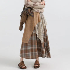 Asymmetrical Prairie Chic Bohemia Sweet Patchwork Panelled Plaid Women Autumn Winter New High Waist Casual Lace Aesthetic Skirts voguable