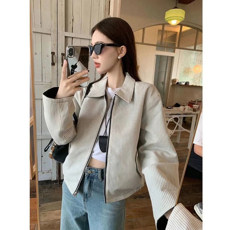 Striped Vintage Y2K Jacket Women Design Double Sided Wear Loose Streetwear Coat Casual American Fall Winter Long Sleeve Top voguable