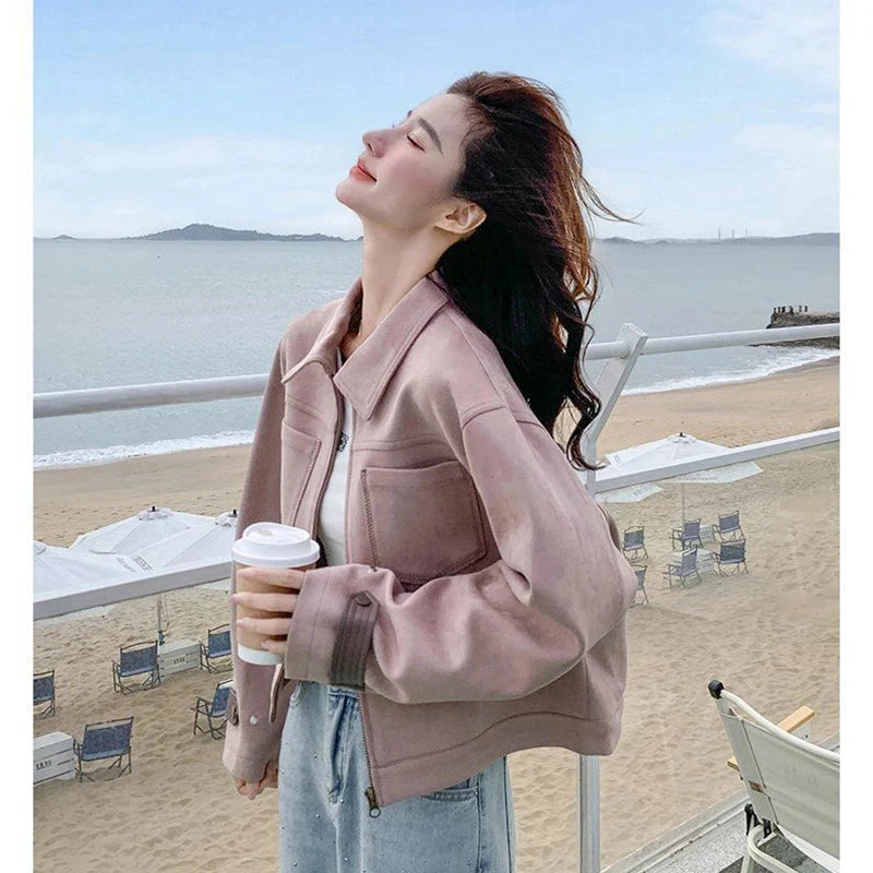 Pink Y2K Faux Suede Jacket Women Vintage Streetwear Long Sleeve Loose Coat Korean Casual Harajuku Fall Winter Outwear Tops voguable