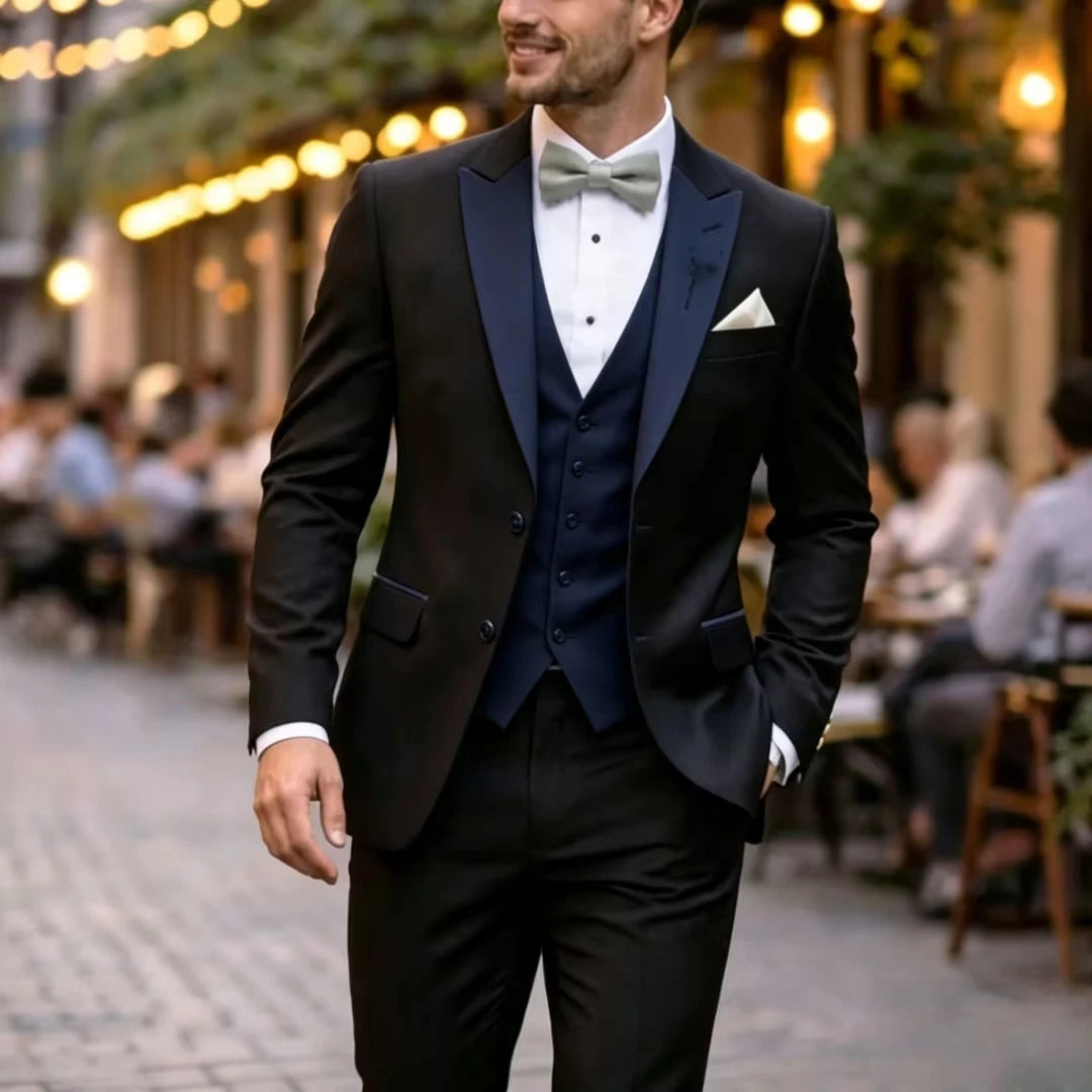 Voguable  Men Suit Black Ivory 3 Pieces Single Button With Lapel For Wedding Birthday Banquet Party Business Work Office Jacket Vest Pant voguable