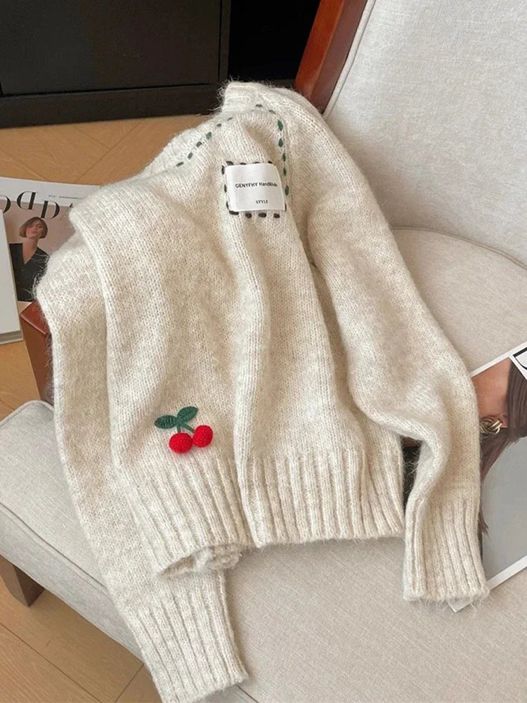 Cute 3D Cherry Sweaters Women Lazy Wind Long Sleeve Knitted Jumpers Japan Loose O Neck Female Kawaii Sweet Pullovers Tops voguable