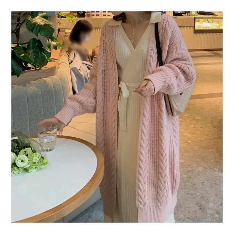 Voguable  Korean Medium Length Pink Retro Loose Fit Knit Cardigan Autumn Winter Casual Fried Dough Twists Thick Lazy Style Sweater Coat voguable