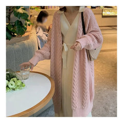 Voguable  Korean Medium Length Pink Retro Loose Fit Knit Cardigan Autumn Winter Casual Fried Dough Twists Thick Lazy Style Sweater Coat voguable