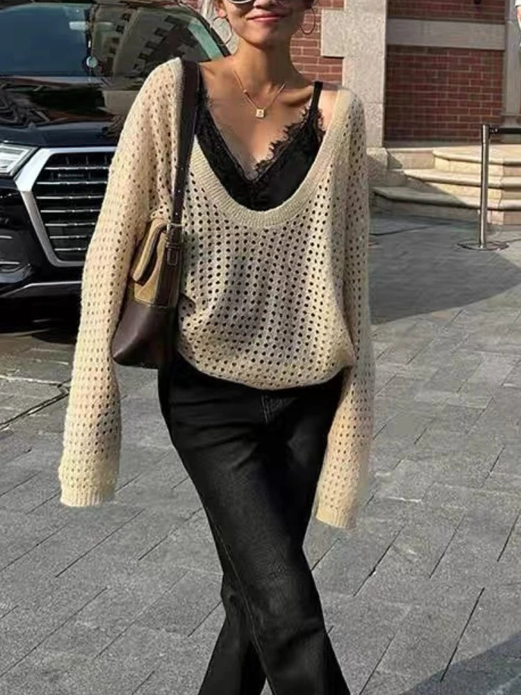 Women's Pointelle Knit Top Scoop Neck Long Sleeve Openwork Pullover Sweater Hollow-out Tops Summer Cover Up Boho Chic Outfit voguable