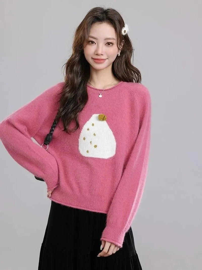 Chic Print Sweet Sweaters Women Casual Preppy Style Cute O Neck Pullover Loose Long Sleeve Fashion Fall Winter Korean Jumper New voguable