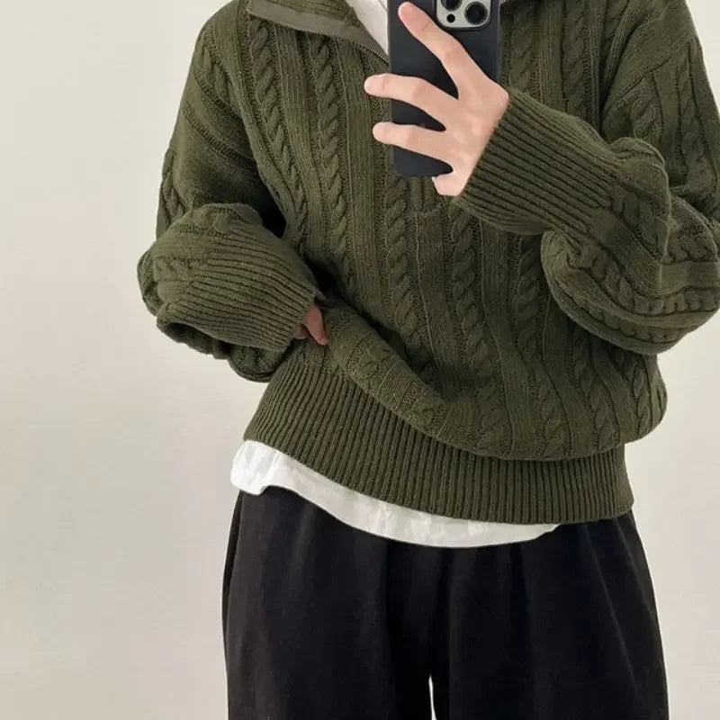 Voguable  Korean Fashion Half Zipper Sweaters Women Vintage Twisted Knitted Crop Pullover Casual Sueter Mujer Long Sleeve Tops voguable