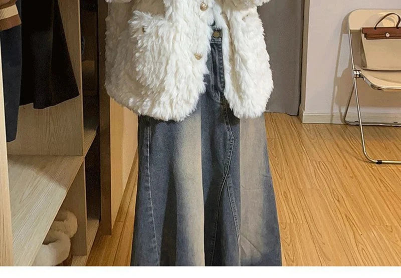 Winter Sweet Korean Faux Lamb Coat Women Vintage Warm Thick Long Sleeve Cute Jacket Casual O Neck Pockets Elegant White Tops New voguable