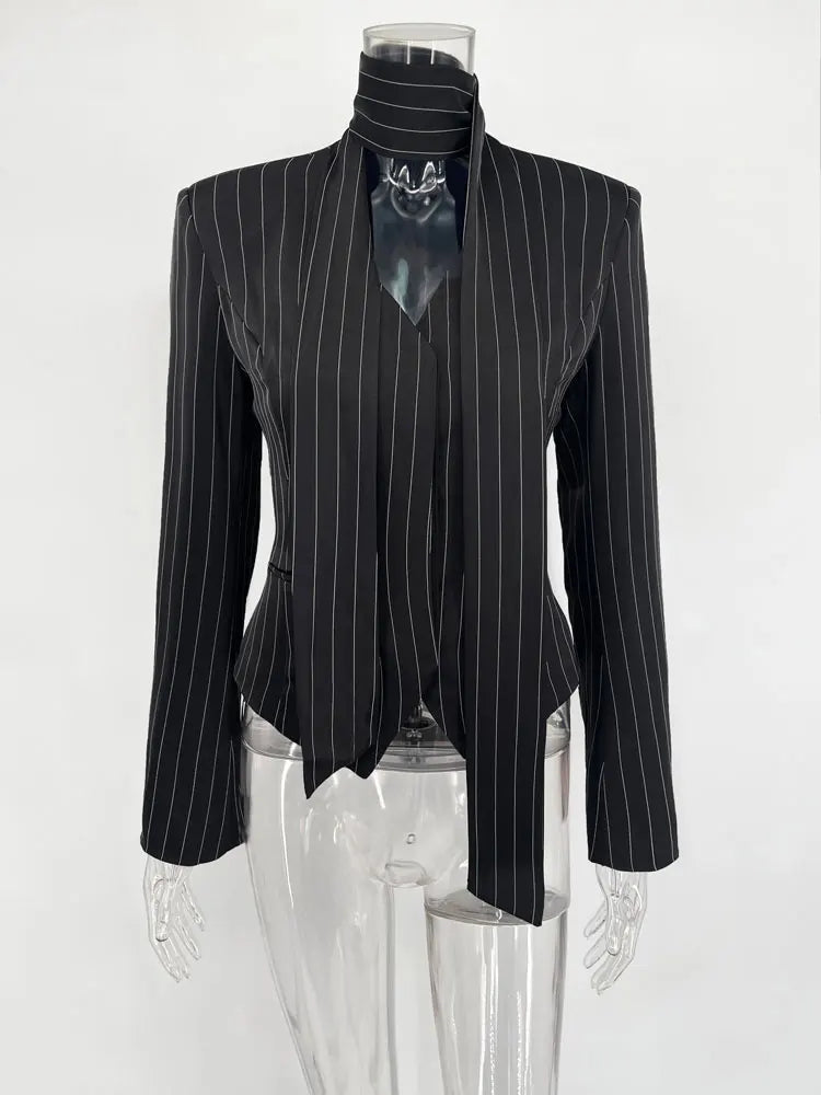 Elegant Female Striped Suit Coat For Women Scarf Lace-Up Patchwork V-Neck Long Sleeve Luxury Outwear Female Jackets Coat voguable