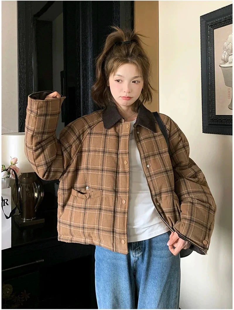 Warm Vintage Plaid Parkas Women Loose Long Sleeve Winter Thick Cotton Coat Korean Casual Pockets Cute Sweet Jacket Tops New voguable