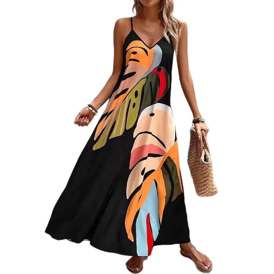 Voguable  summer fashionable vacation comfortable casual print V-neck suspender long dress all-match voguable