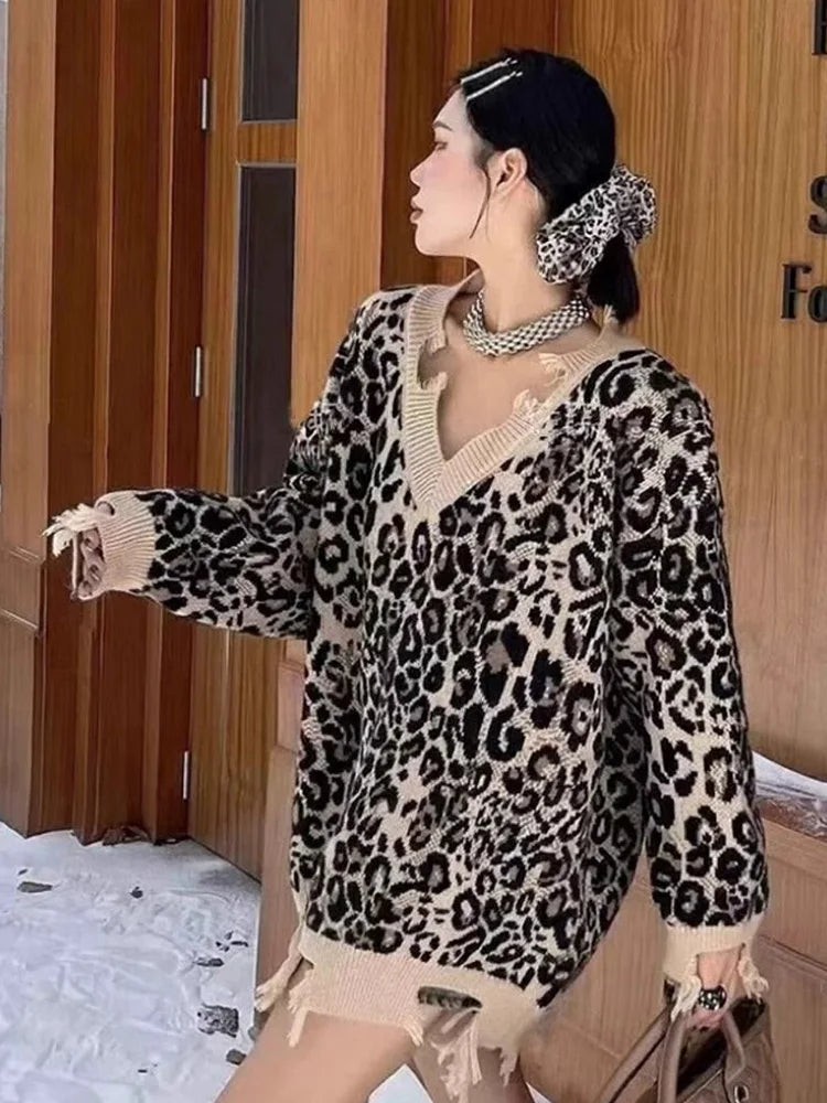 Hip Hop Hole Leopard Sweater Women Loose Streetwear Lazy Wind Y2K Knitted Jumper American Harajuku Vintage Long Sleeve Tops voguable