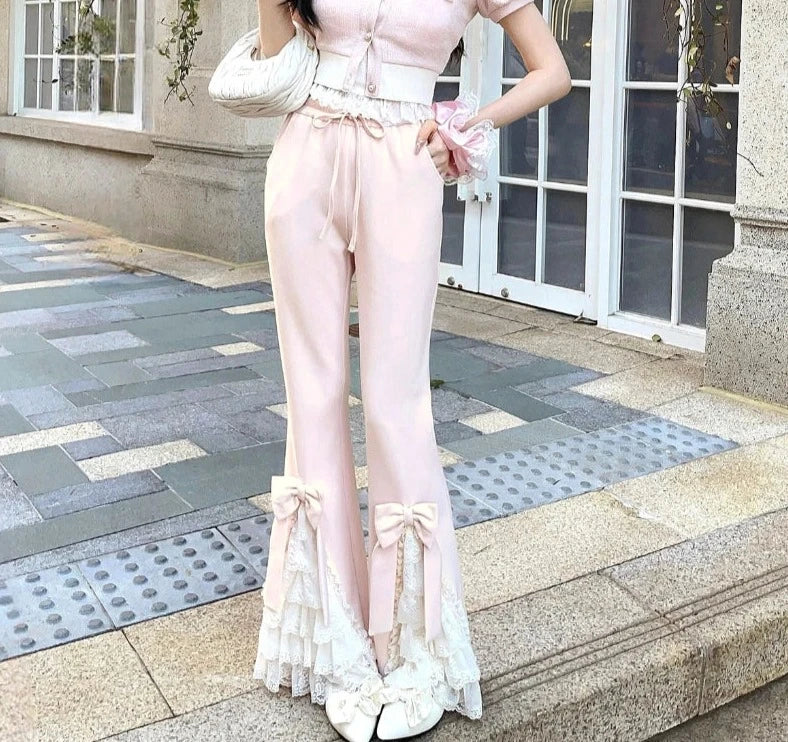 Voguable  Pink Sweet Lolita Style Pants Women Vintage Kawaii Bow Lace Ruffles Flared Pants Female Korean Elegant Casual Fairy Trousers voguable