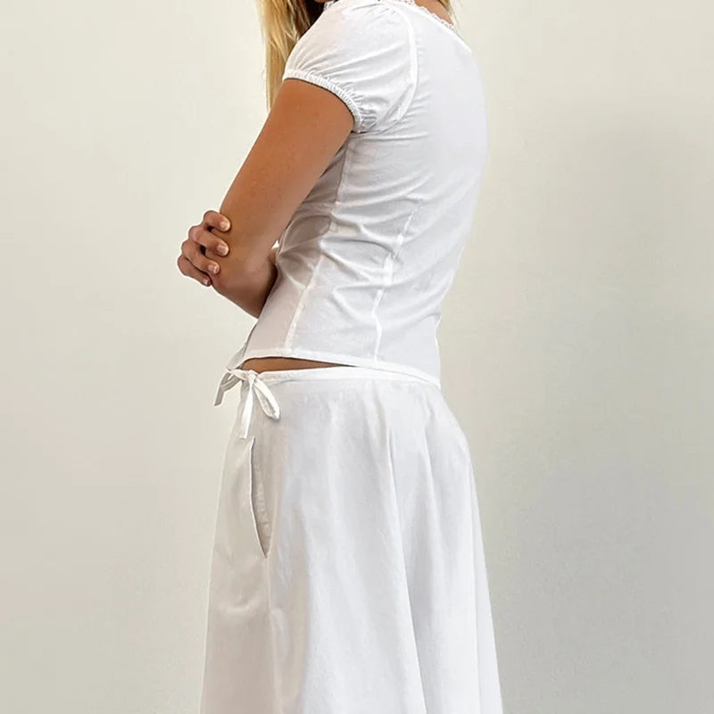 Coquette Shirt y2k Clothes Women Deep V Neck Lace Trim Single Breasted Short Sleeve Blouse Crop Top Club Streetwear voguable